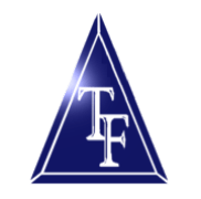 LOGO: Styled white T and F in a blue three dimensional triangle